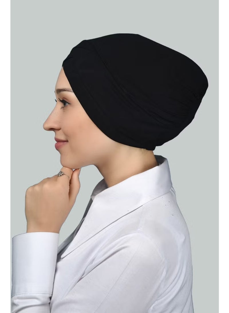 Altobeh Four-Striped Cross Outer Hijab Bonnet Ready-made Turban Combed Cotton -Black - Image 2